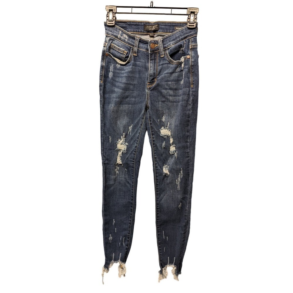 JUDY BLUE 0/24 Jeans High Waist Skinny Fit Dark‎ Wash Distress Raw Hem